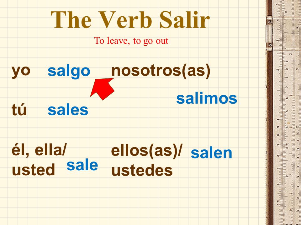 The Verb Salir yo salgo nosotros(as) tú salimos él, ella/ sales