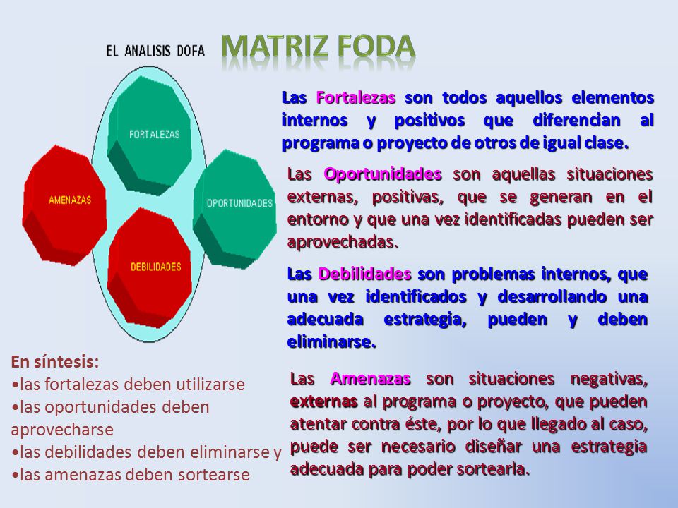MATRIZ FODA Las Fortalezas son todos aquellos elementos internos y positivos que diferencian al programa o proyecto de otros de igual clase.