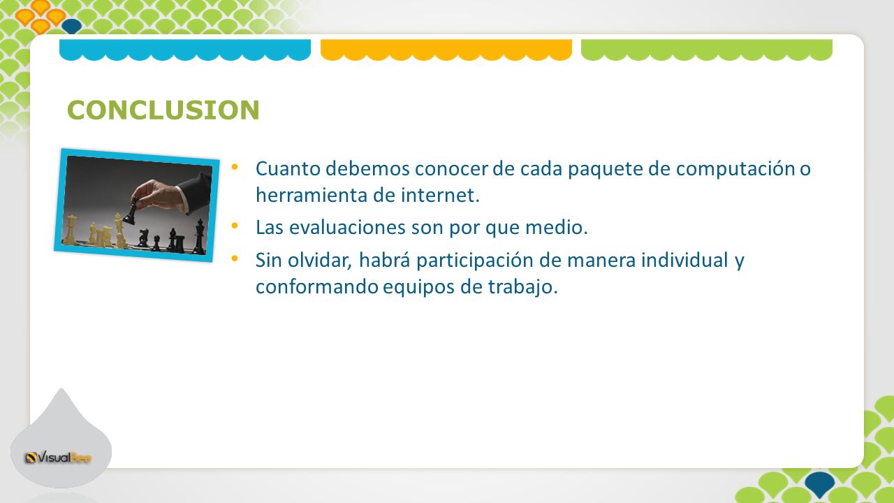 CONCLUSION Cuanto debemos conocer de cada paquete de computación o herramienta de internet. Las evaluaciones son por que medio.