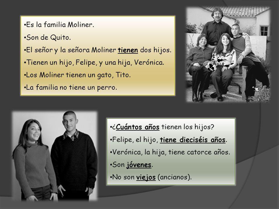 Es la familia Moliner. Son de Quito. El señor y la señora Moliner tienen dos hijos. Tienen un hijo, Felipe, y una hija, Verónica.