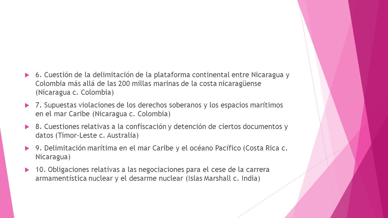 6. Cuestión de la delimitación de la plataforma continental entre Nicaragua y Colombia más allá de las 200 millas marinas de la costa nicaragüense (Nicaragua c. Colombia)