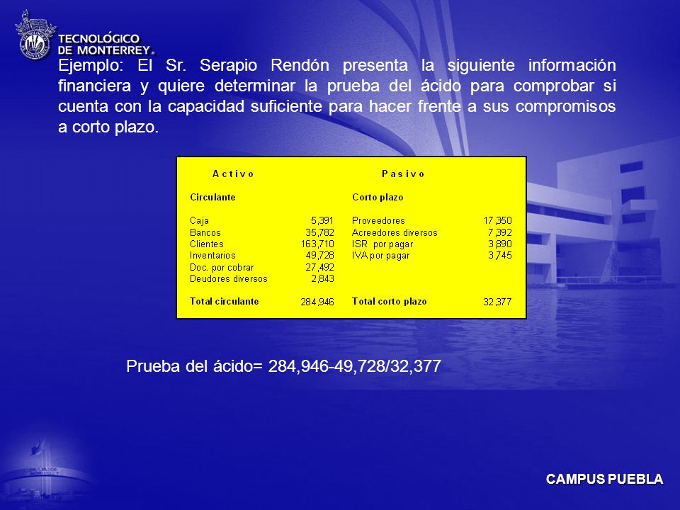 Ejemplo: El Sr. Serapio Rendón presenta la siguiente información financiera y quiere determinar la prueba del ácido para comprobar si cuenta con la capacidad suficiente para hacer frente a sus compromisos a corto plazo.