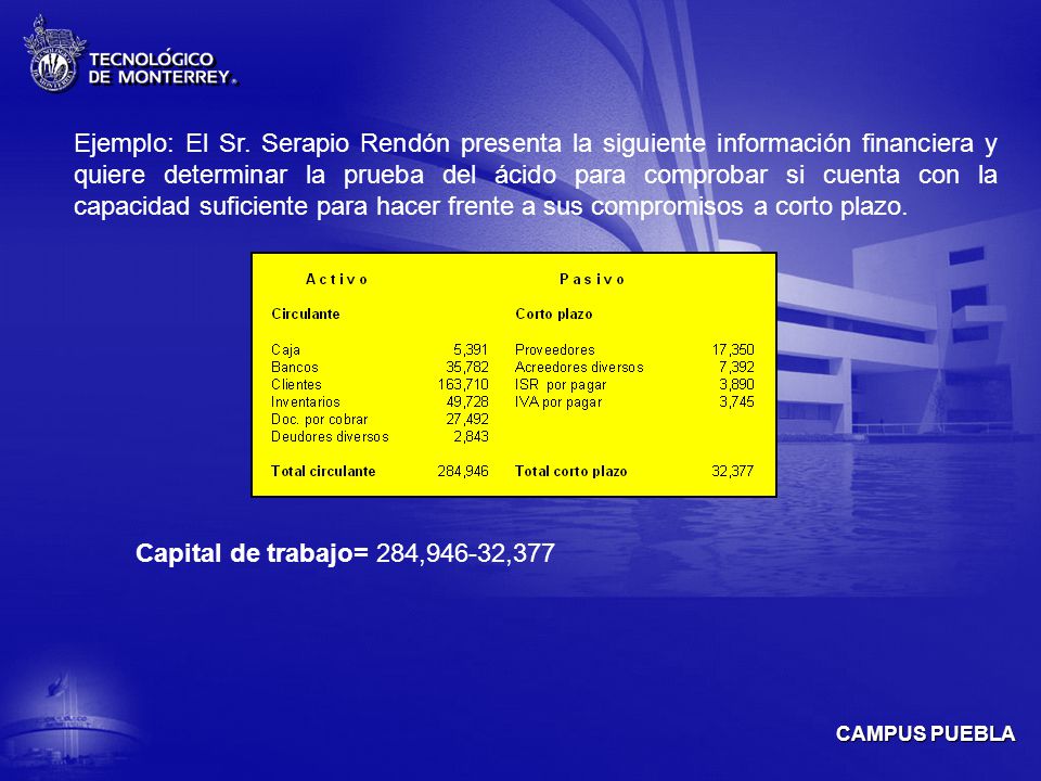 Ejemplo: El Sr. Serapio Rendón presenta la siguiente información financiera y quiere determinar la prueba del ácido para comprobar si cuenta con la capacidad suficiente para hacer frente a sus compromisos a corto plazo.