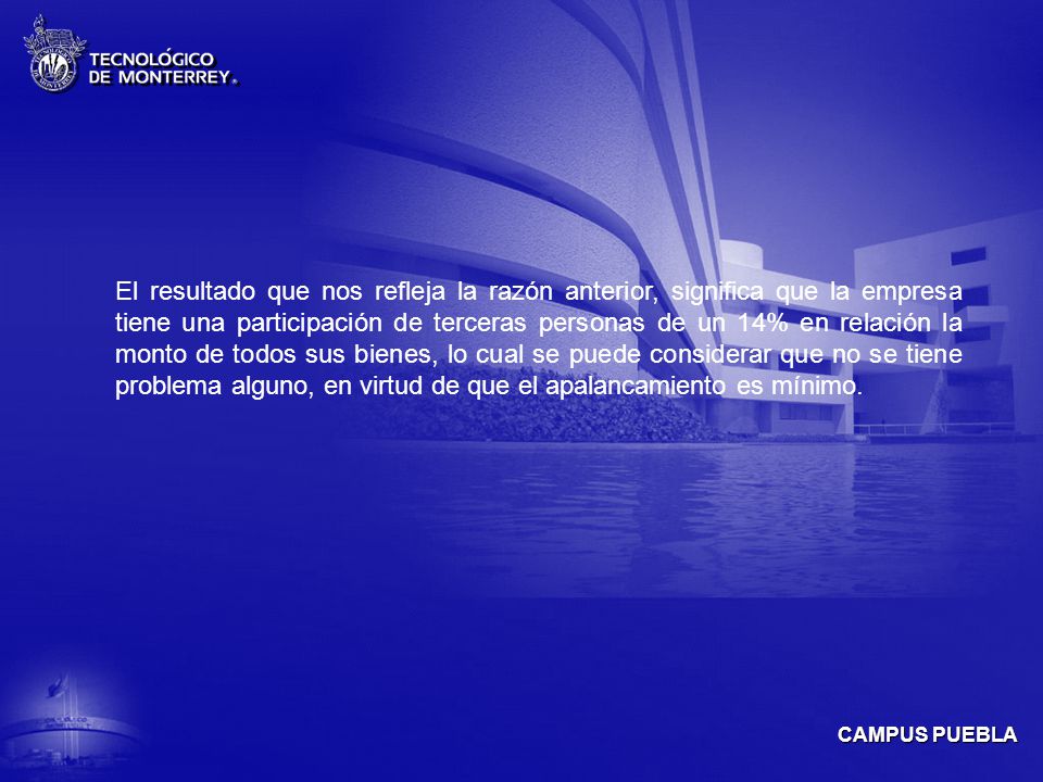El resultado que nos refleja la razón anterior, significa que la empresa tiene una participación de terceras personas de un 14% en relación la monto de todos sus bienes, lo cual se puede considerar que no se tiene problema alguno, en virtud de que el apalancamiento es mínimo.