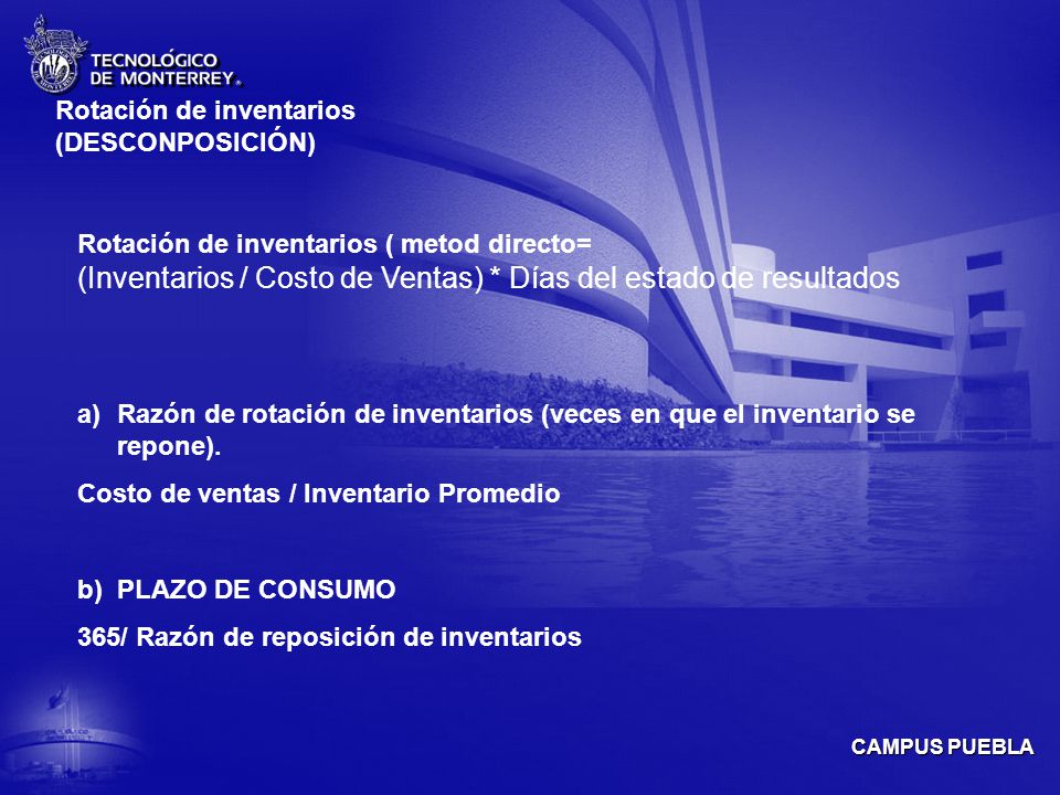 (Inventarios / Costo de Ventas) * Días del estado de resultados