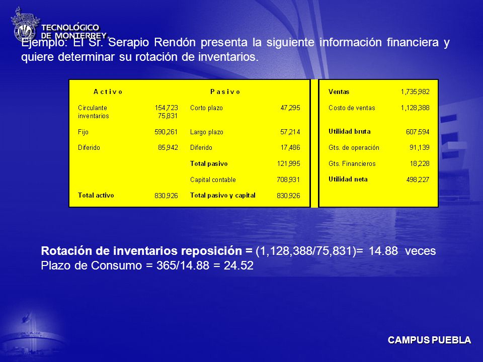 Ejemplo: El Sr. Serapio Rendón presenta la siguiente información financiera y quiere determinar su rotación de inventarios.