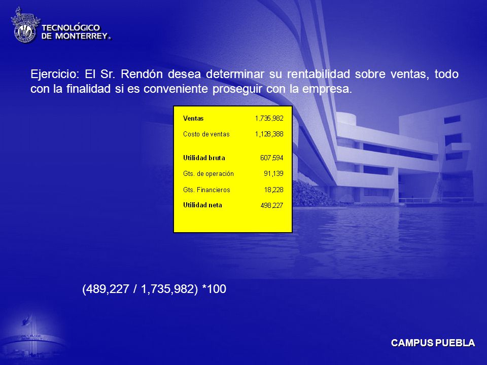 Ejercicio: El Sr. Rendón desea determinar su rentabilidad sobre ventas, todo con la finalidad si es conveniente proseguir con la empresa.