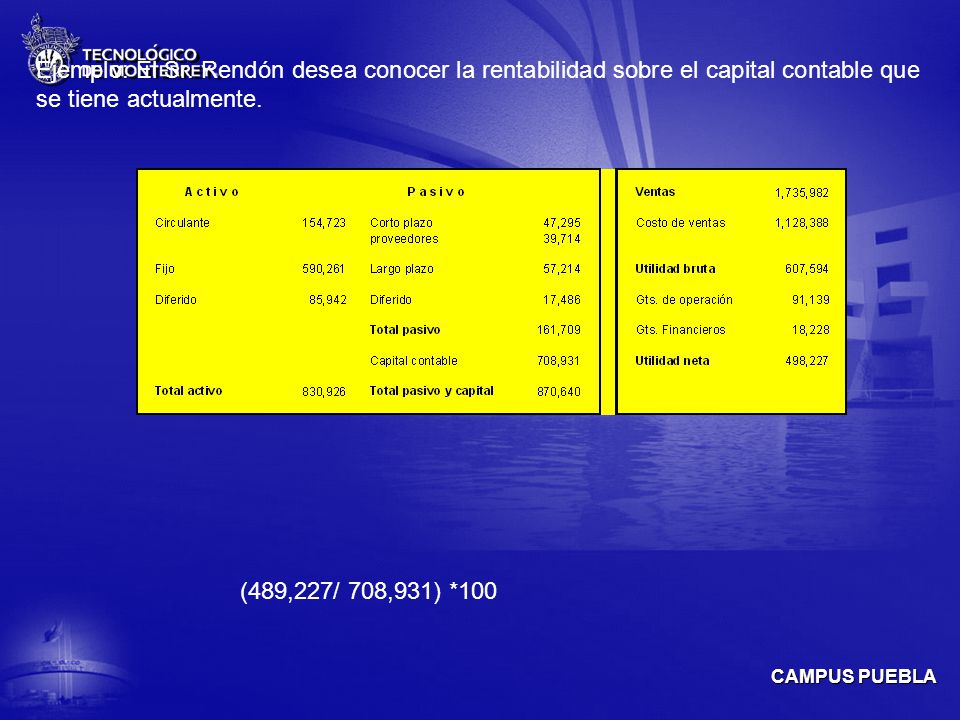 Ejemplo: El Sr. Rendón desea conocer la rentabilidad sobre el capital contable que se tiene actualmente.
