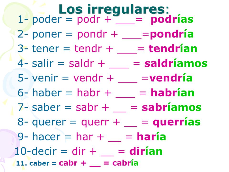 Los irregulares: 1- poder = podr + ___= podrías