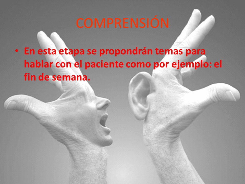 COMPRENSIÓN En esta etapa se propondrán temas para hablar con el paciente como por ejemplo: el fin de semana.