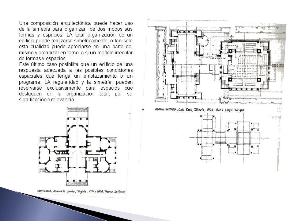 Una composición arquitectónica puede hacer uso de la simetría para organizar de dos modos sus formas y espacios. LA total organización de un edificio puede realizarse simétricamente, o tan solo esta cualidad puede apreciarse en una parte del mismo y organizar en torno a sí un modelo irregular de formas y espacios.