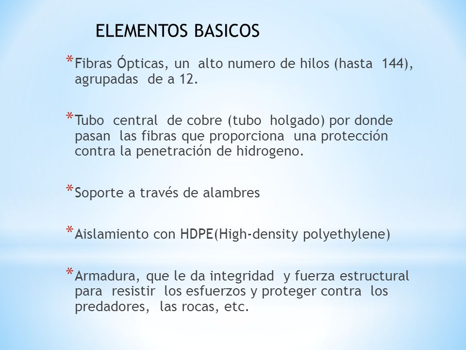 elementos basicos Fibras Ópticas, un alto numero de hilos (hasta 144), agrupadas de a 12.