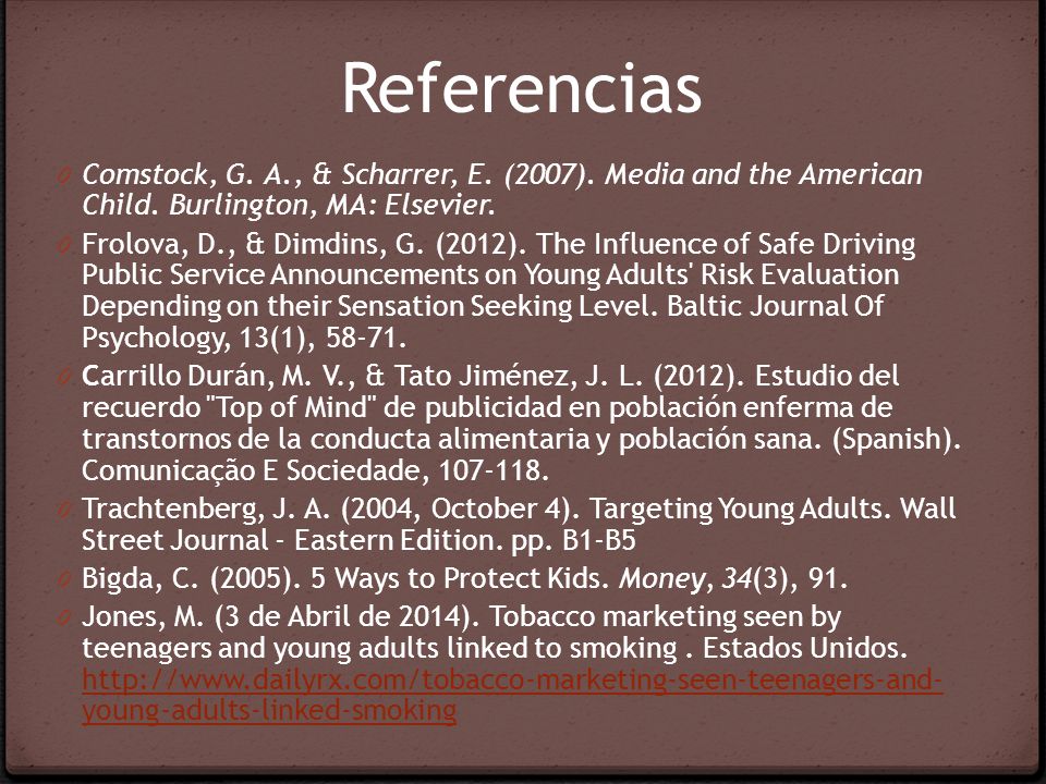 Referencias Comstock, G. A., & Scharrer, E. (2007). Media and the American Child. Burlington, MA: Elsevier.