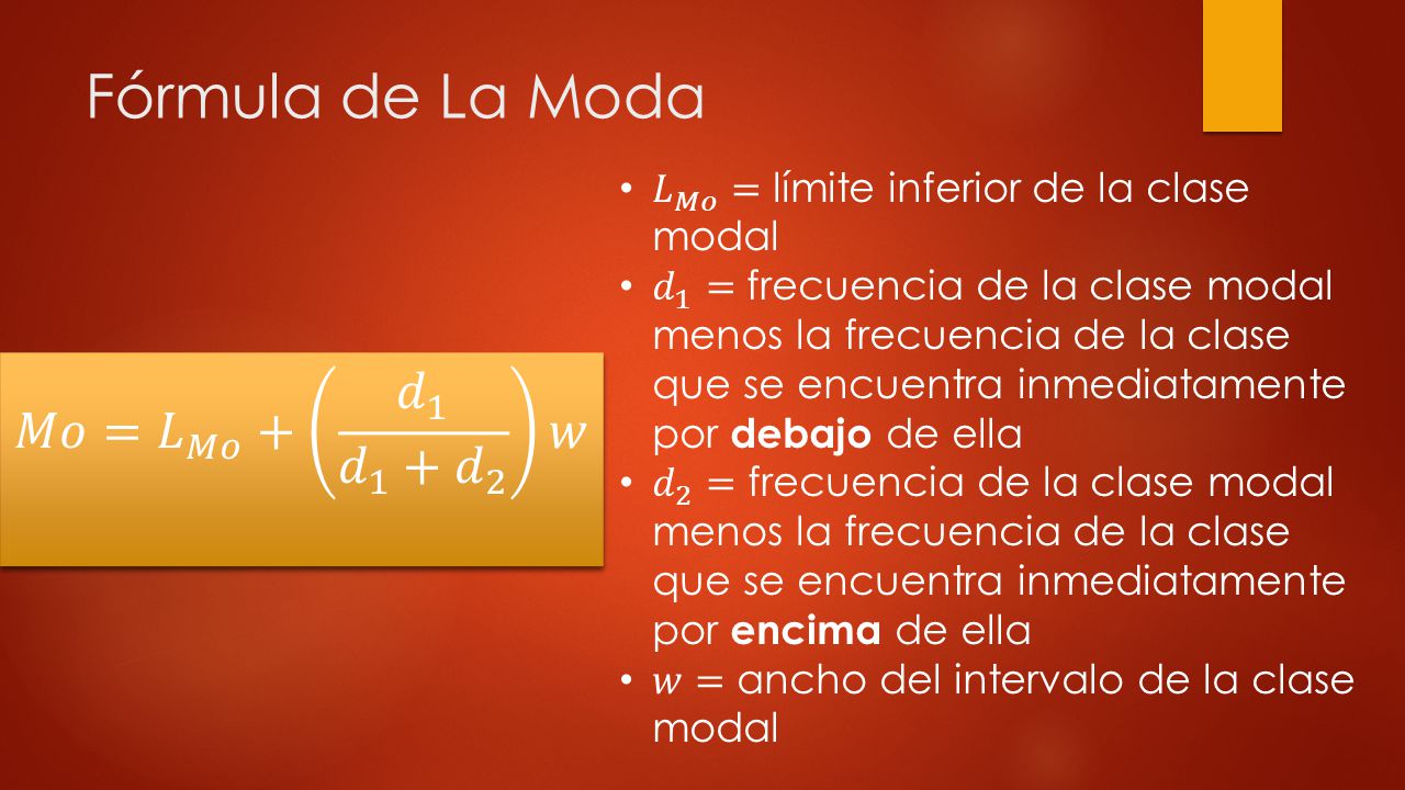 Fórmula de La Moda 𝑀𝑜= 𝐿 𝑀𝑜 + 𝑑 1 𝑑 1 + 𝑑 2 𝑤