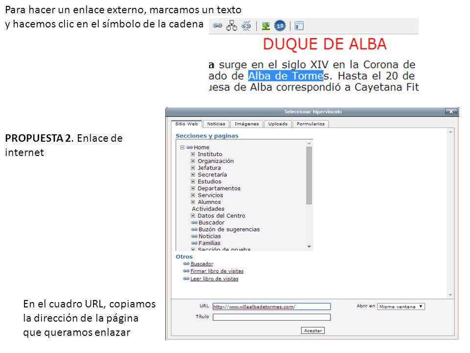Para hacer un enlace externo, marcamos un texto y hacemos clic en el símbolo de la cadena