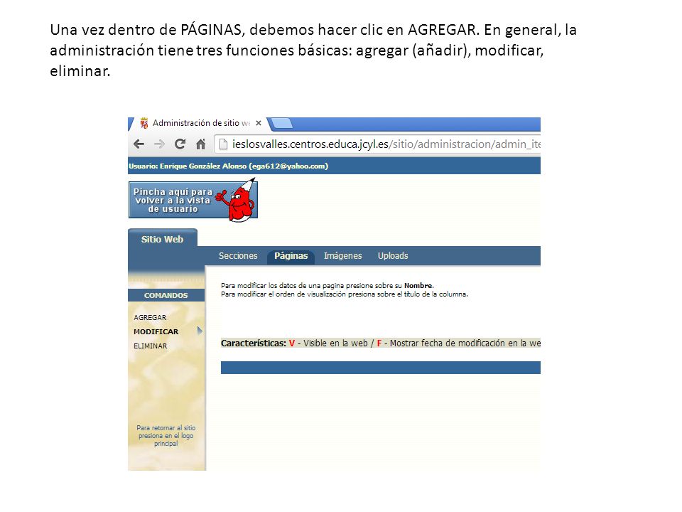 Una vez dentro de PÁGINAS, debemos hacer clic en AGREGAR