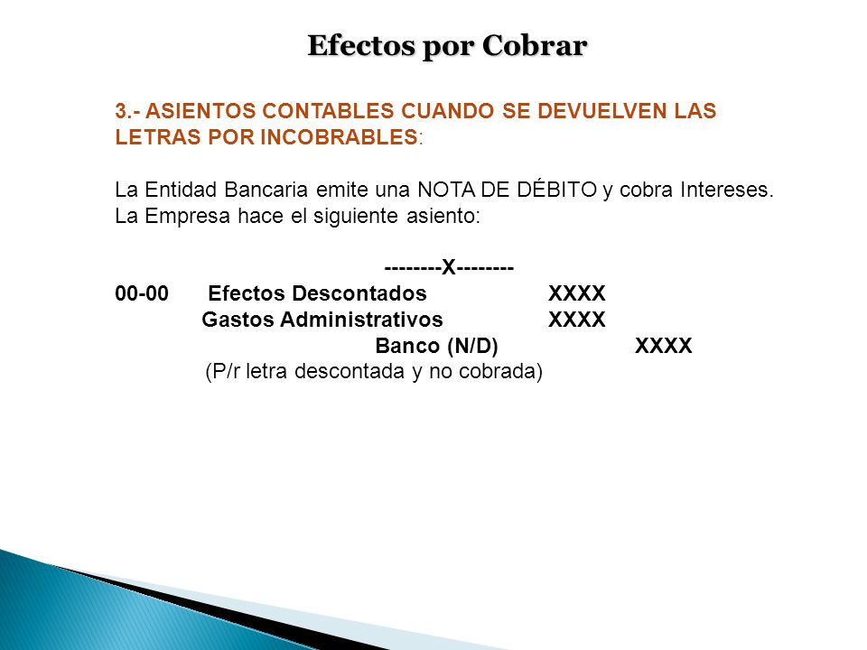 Efectos por Cobrar 3.- ASIENTOS CONTABLES CUANDO SE DEVUELVEN LAS LETRAS POR INCOBRABLES: