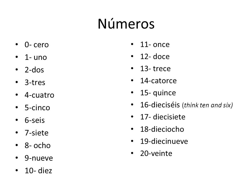 Números 0- cero 1- uno 2-dos 3-tres 4-cuatro 5-cinco 6-seis 7-siete