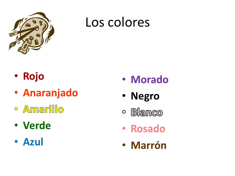 Los colores Rojo Morado Anaranjado Negro Amarillo Blanco Verde Rosado