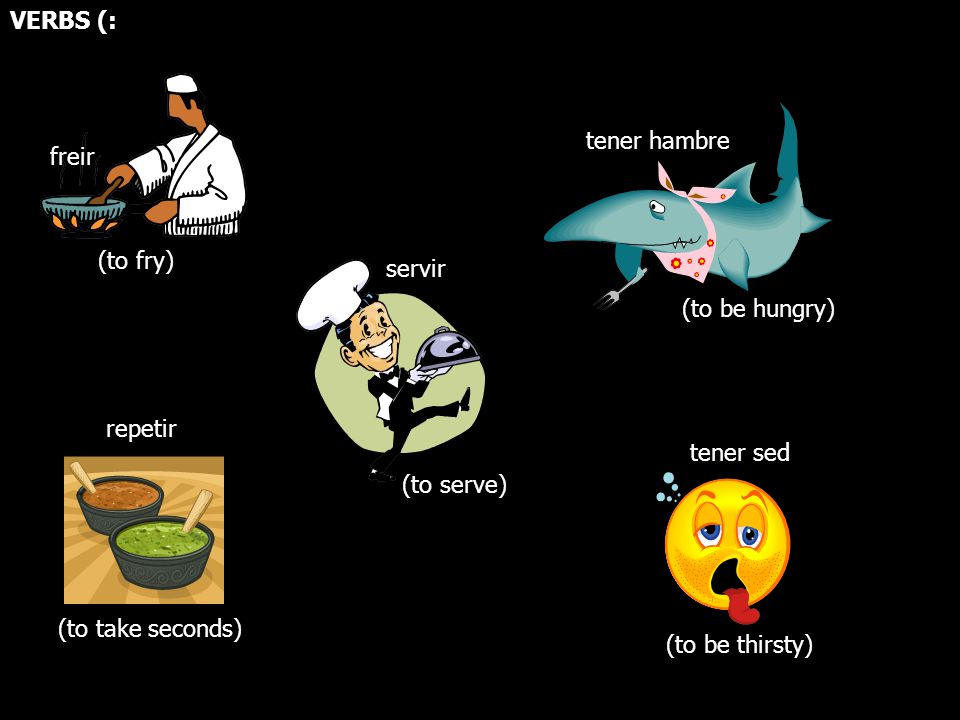 VERBS (: tener hambre. freir. (to fry) servir. (to be hungry) repetir. tener sed. (to serve)