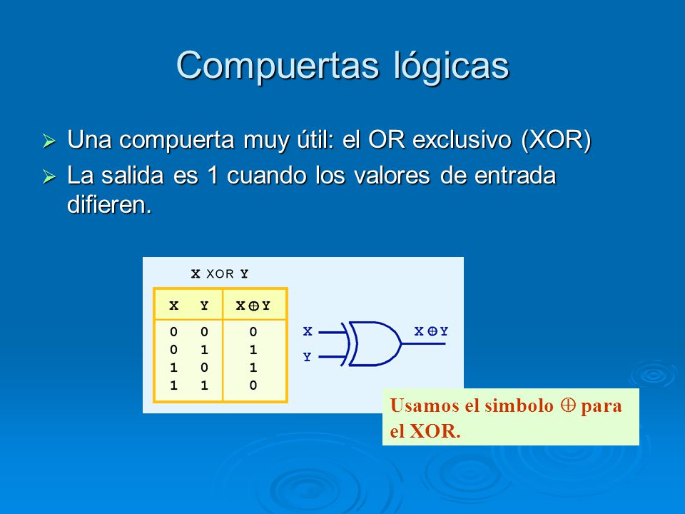 Compuertas lógicas Una compuerta muy útil: el OR exclusivo (XOR)