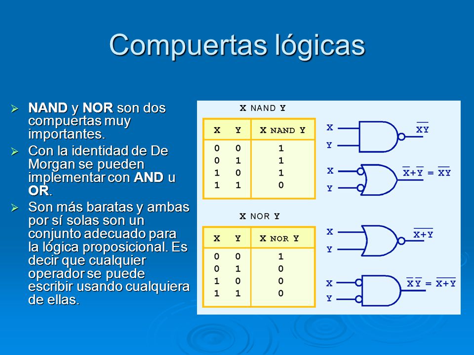 Compuertas lógicas NAND y NOR son dos compuertas muy importantes.