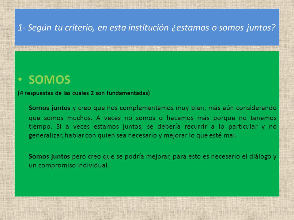 1- Según tu criterio, en esta institución ¿estamos o somos juntos