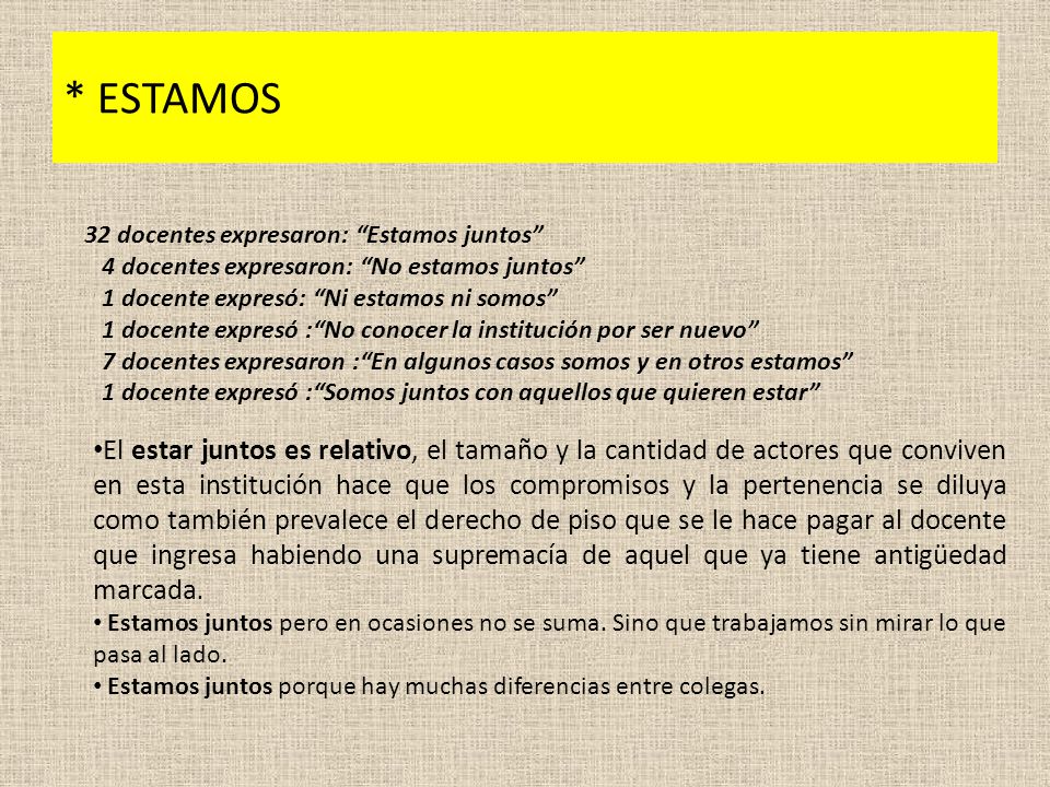 * ESTAMOS 32 docentes expresaron: Estamos juntos 4 docentes expresaron: No estamos juntos 1 docente expresó: Ni estamos ni somos