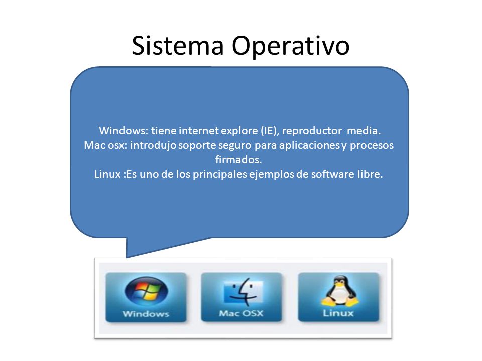 Sistema Operativo Windows: tiene internet explore (IE), reproductor media. Mac osx: introdujo soporte seguro para aplicaciones y procesos firmados.