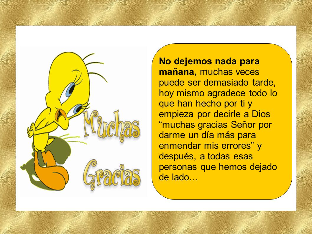 No dejemos nada para mañana, muchas veces puede ser demasiado tarde, hoy mismo agradece todo lo que han hecho por ti y empieza por decirle a Dios muchas gracias Señor por darme un día más para enmendar mis errores y después, a todas esas personas que hemos dejado de lado…