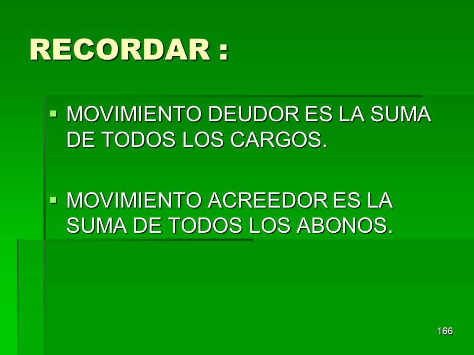 RECORDAR : MOVIMIENTO DEUDOR ES LA SUMA DE TODOS LOS CARGOS.