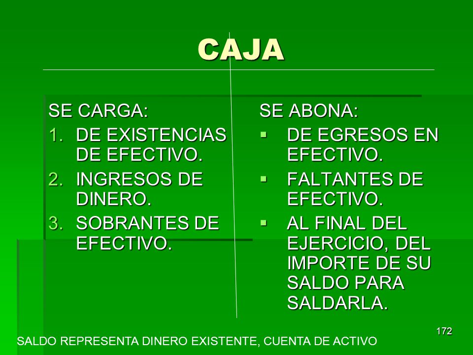 CAJA SE CARGA: DE EXISTENCIAS DE EFECTIVO. INGRESOS DE DINERO.