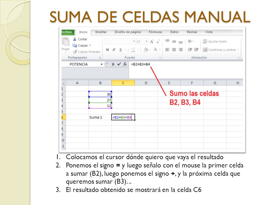 SUMA DE CELDAS MANUAL Colocamos el cursor dónde quiero que vaya el resultado.