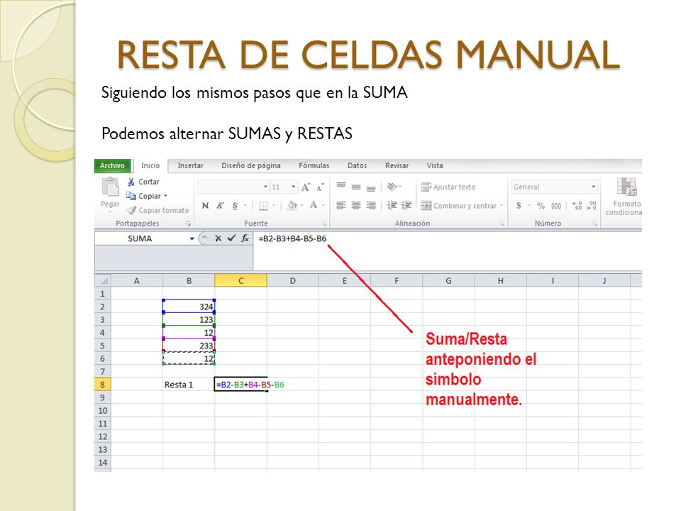 RESTA DE CELDAS MANUAL Siguiendo los mismos pasos que en la SUMA