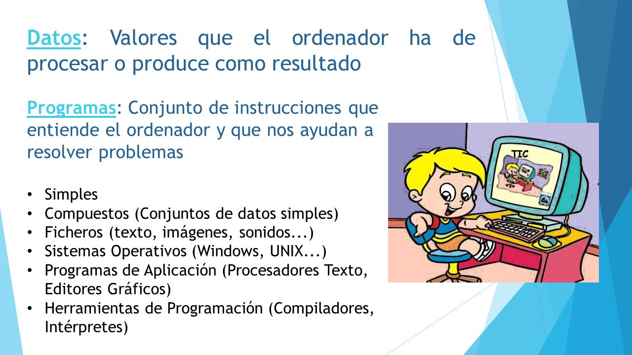 Datos: Valores que el ordenador ha de procesar o produce como resultado
