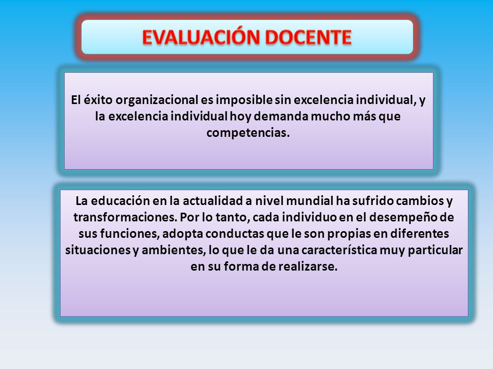 EVALUACIÓN DOCENTE El éxito organizacional es imposible sin excelencia individual, y la excelencia individual hoy demanda mucho más que competencias.