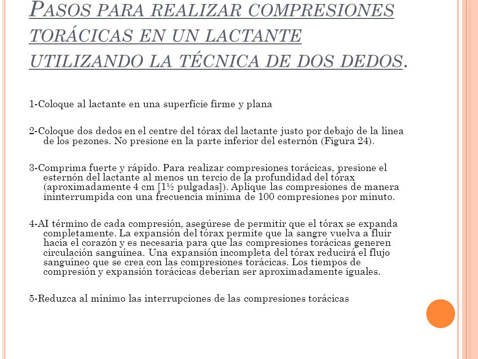 Pasos para realizar compresiones torácicas en un lactante utilizando la técnica de dos dedos.