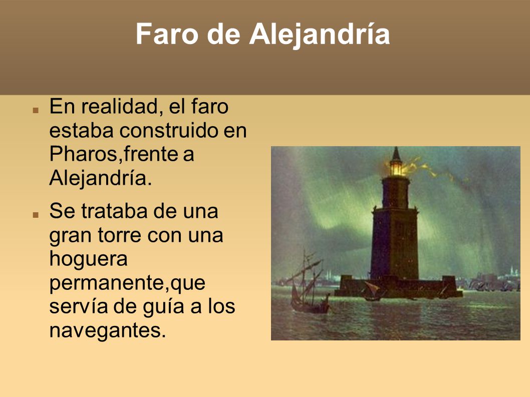 Faro de Alejandría En realidad, el faro estaba construido en Pharos,frente a Alejandría.