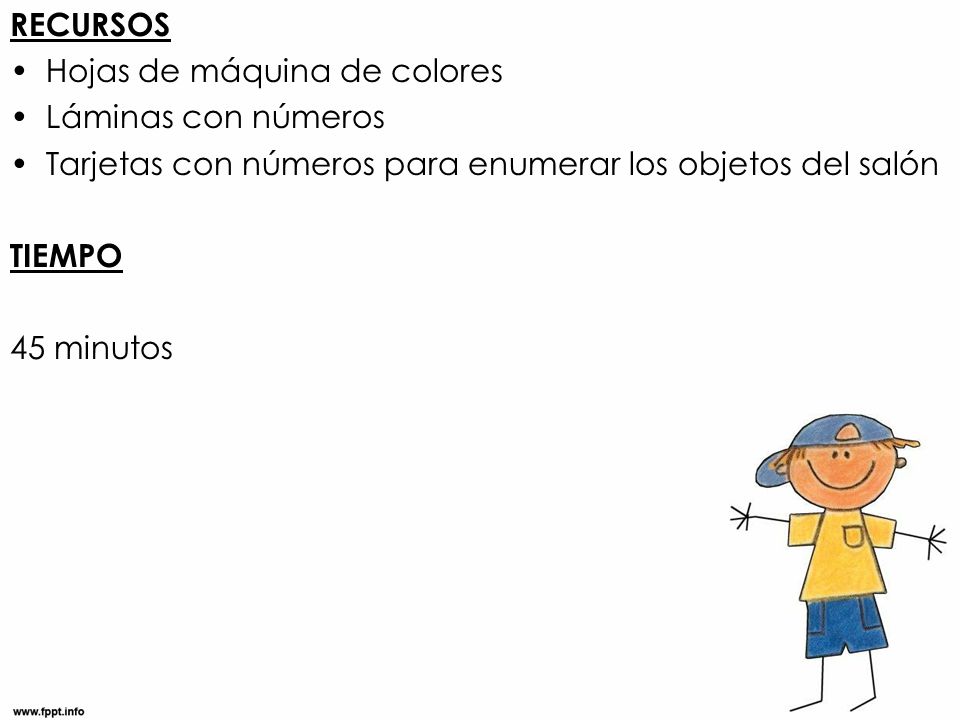 RECURSOS Hojas de máquina de colores. Láminas con números. Tarjetas con números para enumerar los objetos del salón.