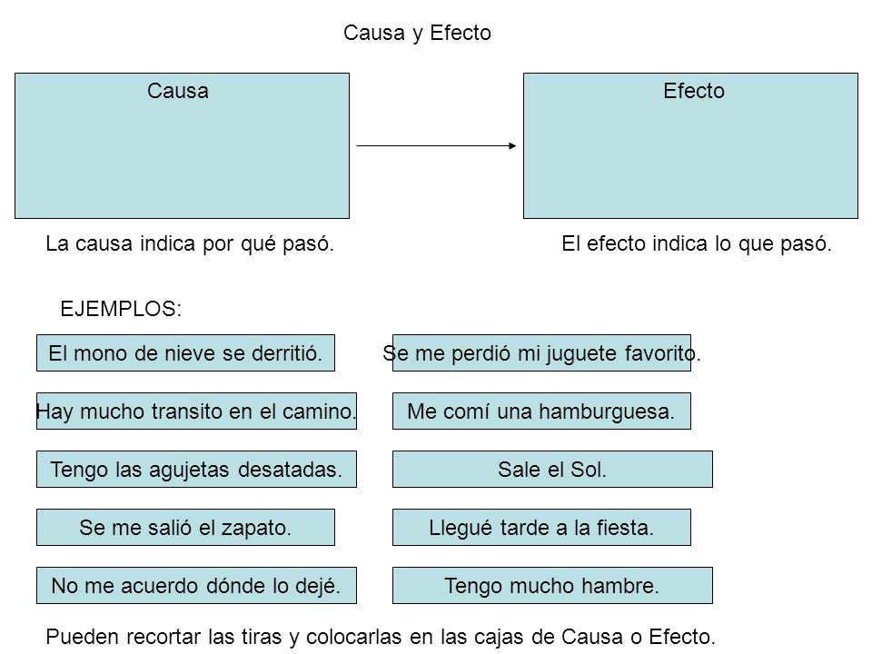 La causa indica por qué pasó. El efecto indica lo que pasó.