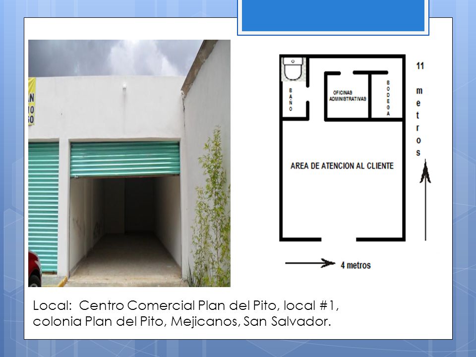 Local: Centro Comercial Plan del Pito, local #1, colonia Plan del Pito, Mejicanos, San Salvador.