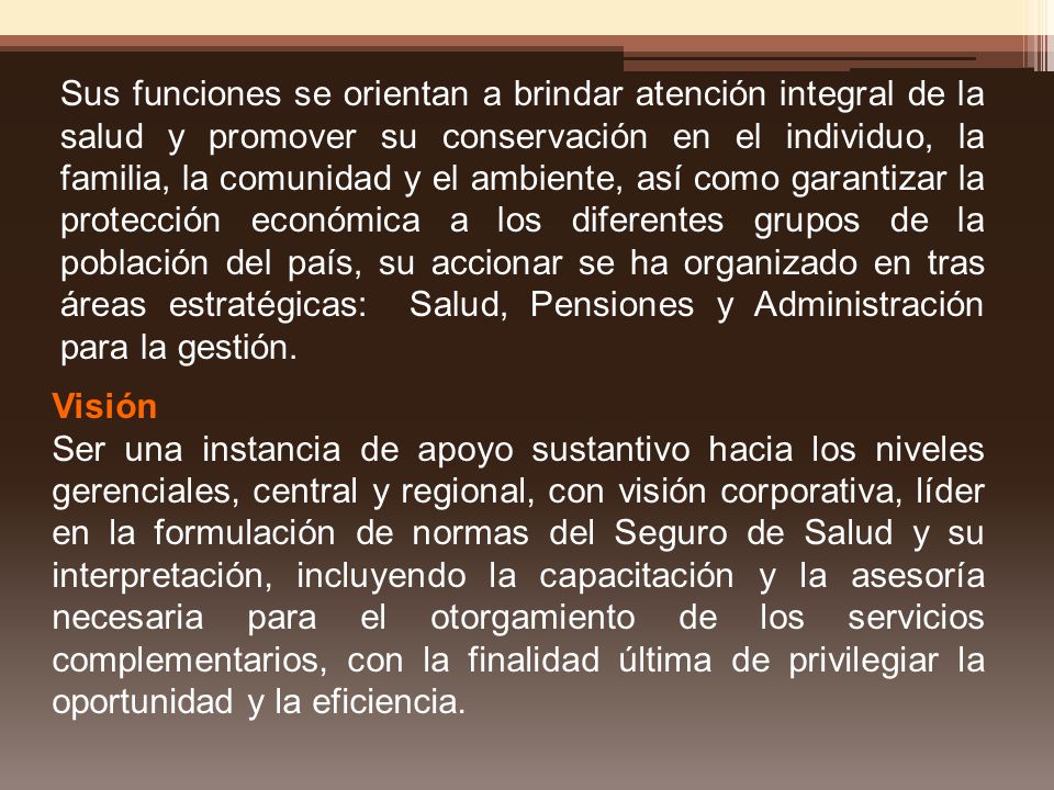 Sus funciones se orientan a brindar atención integral de la salud y promover su conservación en el individuo, la familia, la comunidad y el ambiente, así como garantizar la protección económica a los diferentes grupos de la población del país, su accionar se ha organizado en tras áreas estratégicas: Salud, Pensiones y Administración para la gestión.