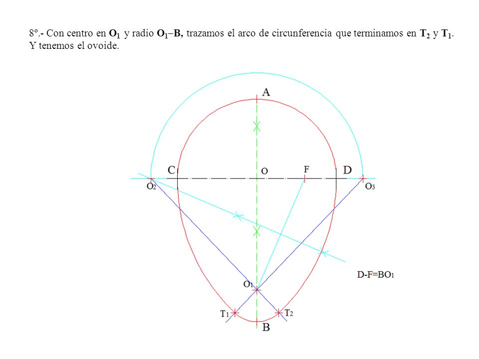 8º.- Con centro en O1 y radio O1–B, trazamos el arco de circunferencia que terminamos en T2 y T1.