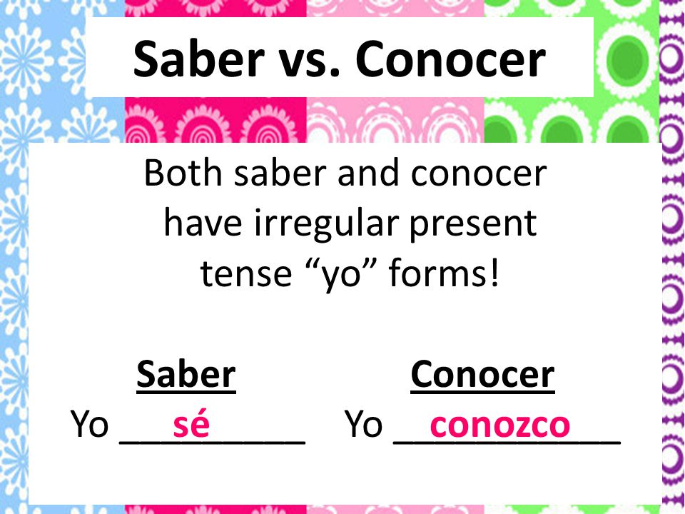 Saber vs. Conocer Both saber and conocer have irregular present
