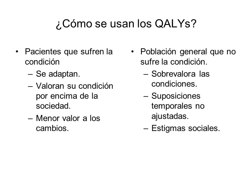 ¿Cómo se usan los QALYs Pacientes que sufren la condición Se adaptan.