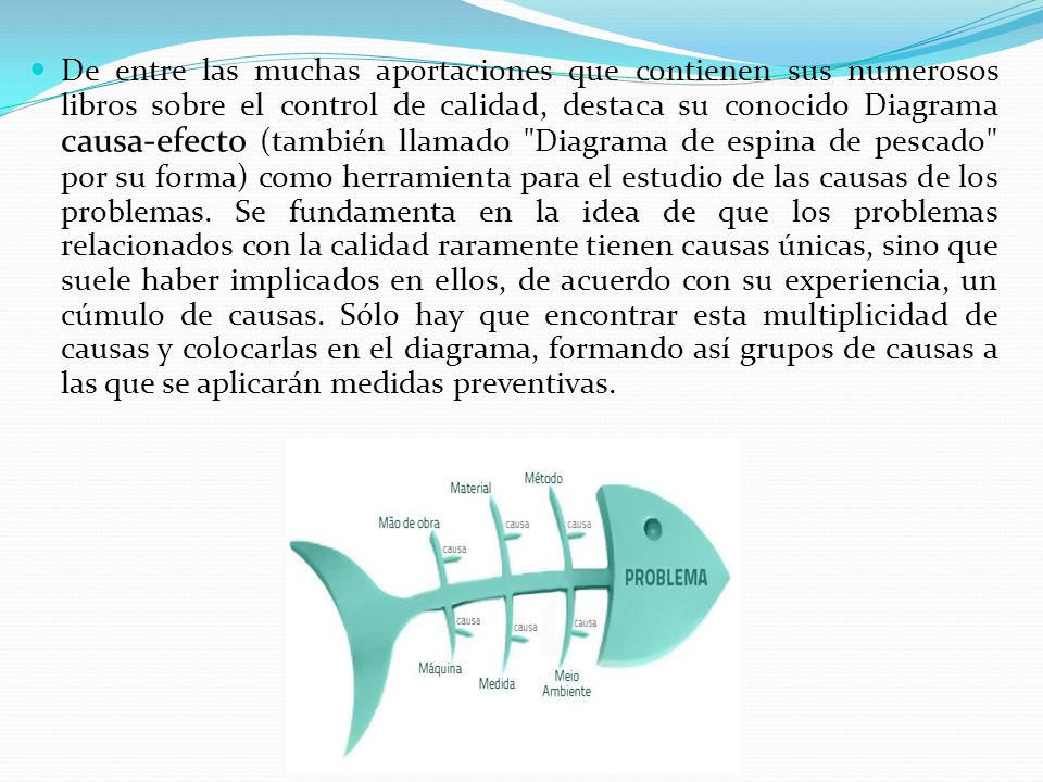 De entre las muchas aportaciones que contienen sus numerosos libros sobre el control de calidad, destaca su conocido Diagrama causa-efecto (también llamado Diagrama de espina de pescado por su forma) como herramienta para el estudio de las causas de los problemas.