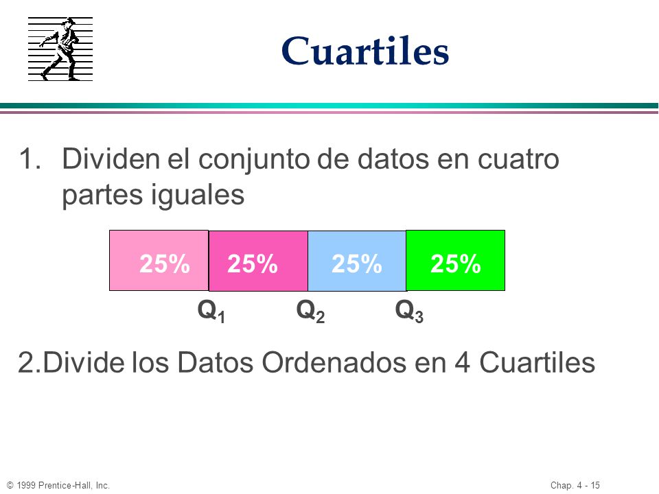 Cuartiles Dividen el conjunto de datos en cuatro partes iguales