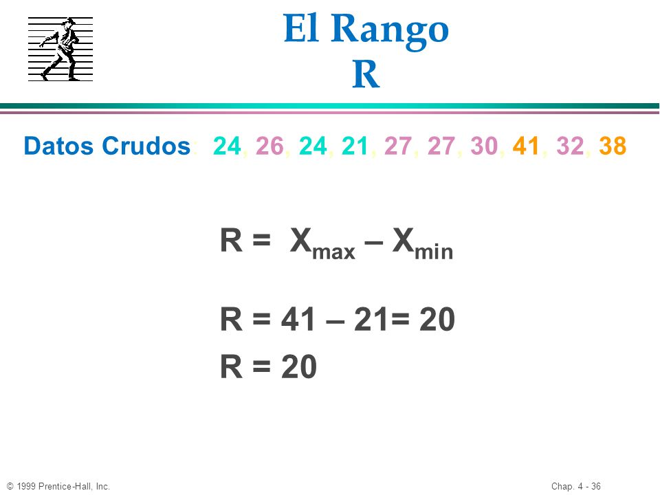 El Rango R R = Xmax – Xmin R = 41 – 21= 20 R = 20