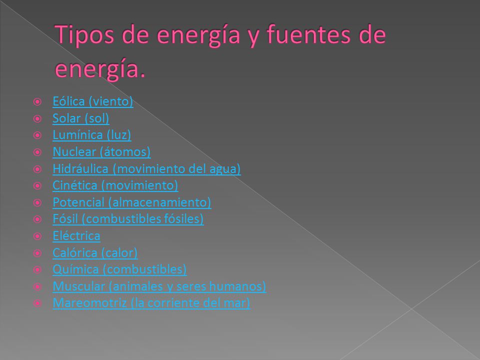 Tipos de energía y fuentes de energía.