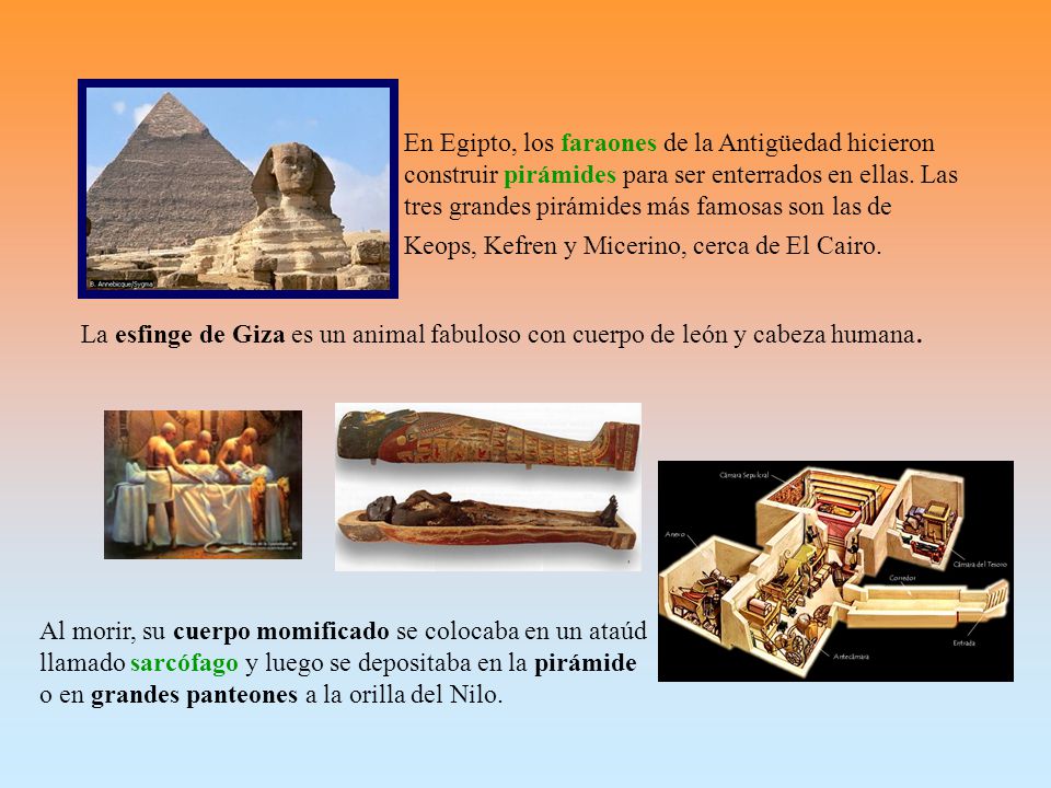 En Egipto, los faraones de la Antigüedad hicieron construir pirámides para ser enterrados en ellas. Las tres grandes pirámides más famosas son las de Keops, Kefren y Micerino, cerca de El Cairo.